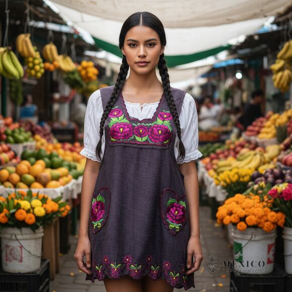 Mexican Folkloric apron embroidered  one of a kind HEART pockets - Picture 3 of 10